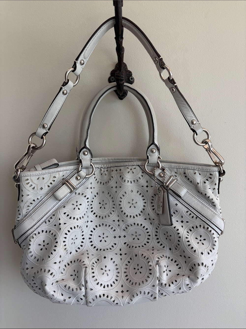 Coach Madison Sophia Satchel in Parchment White Laser-Cut Leather